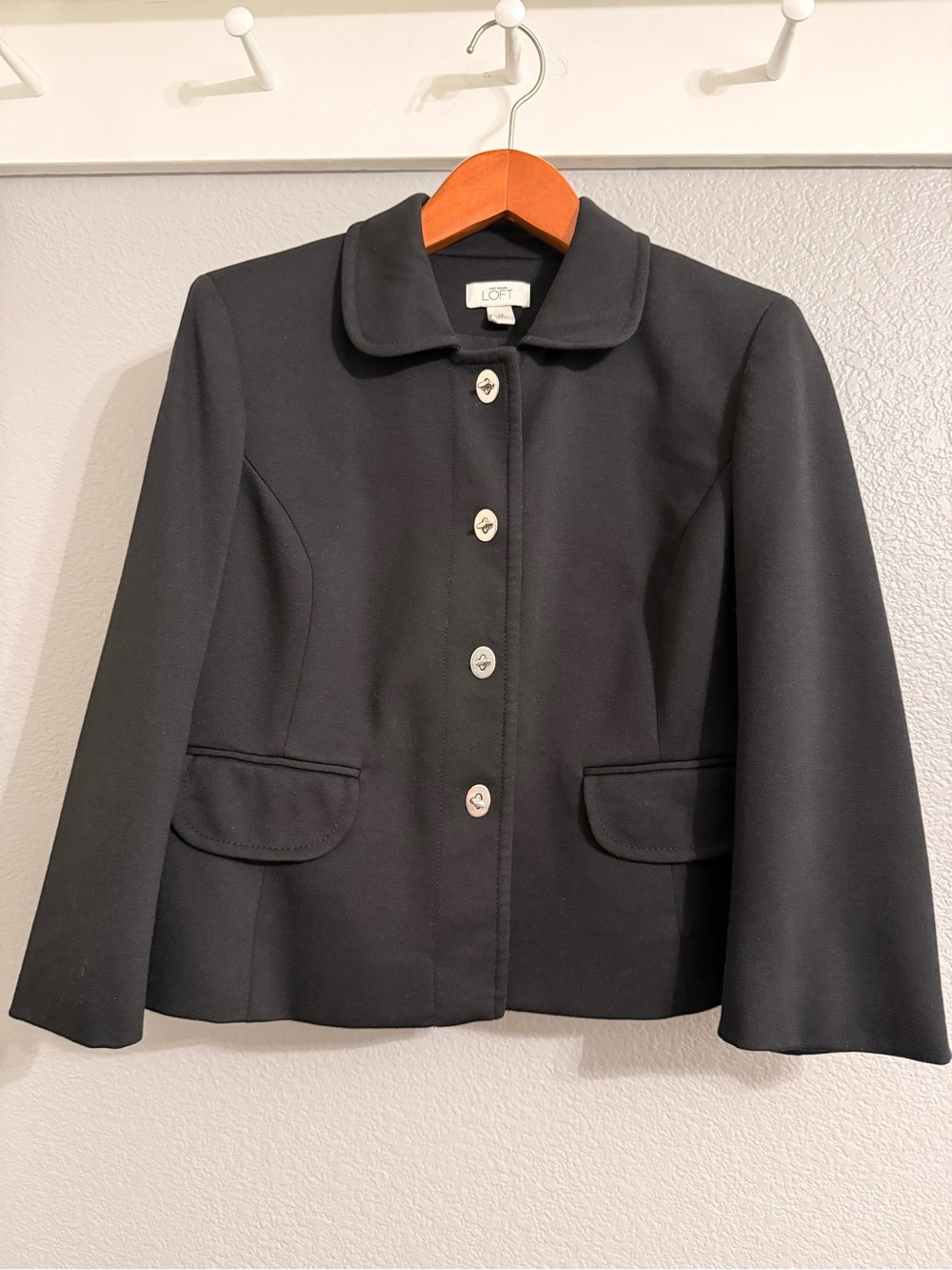 LOFT Black Knit Suit, Rounded-Collar Button-Front Blazer and Flat Front Pants - Picture 2 of 16